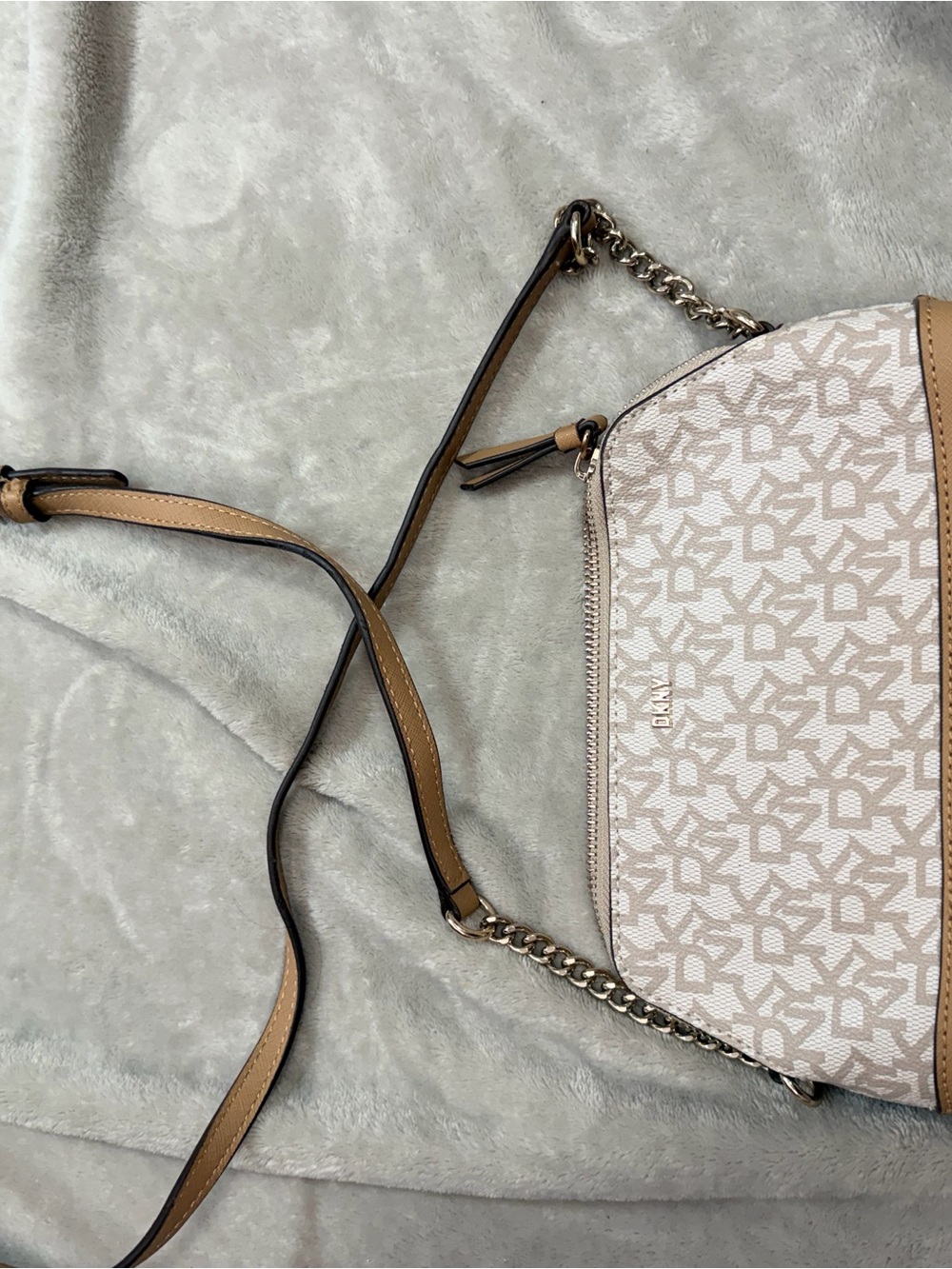 DKNY Beige and Tan Signature Logo Crossbody Bag